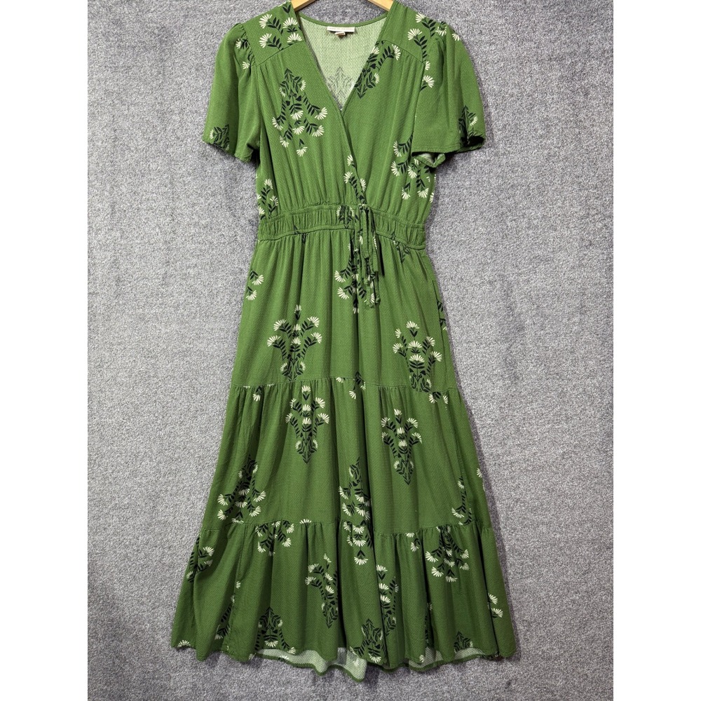 Knox Rose Green Floral Tiered Maxi Dress V-Neck Short Sleeve Pockets Small